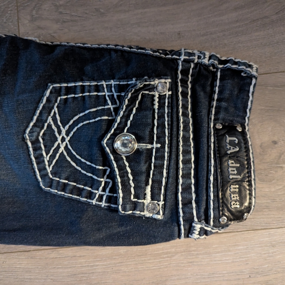 L.A. Idol Dark Blue Boot Cut Jeans with White Stitching - Picture 3 of 4
